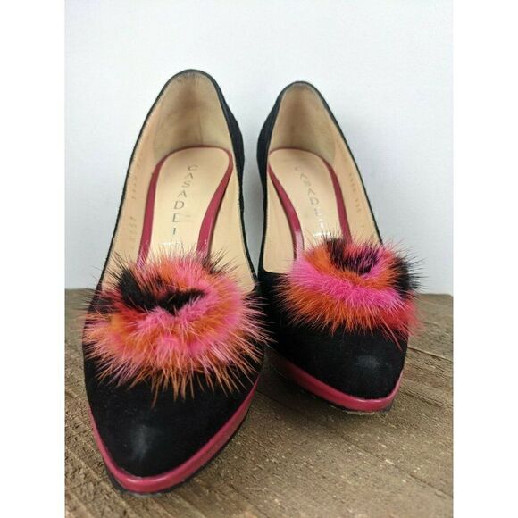 Casadei heels black pink suede ultra high sexy platform fur pompom sz 7 - Picture 3 of 12